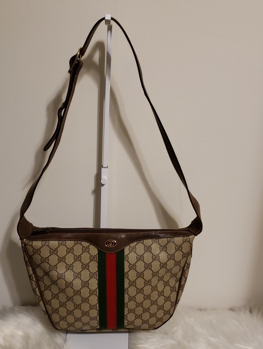 Gucci Beige Monogram Shoulder Bag with Green and Red Web Stripe